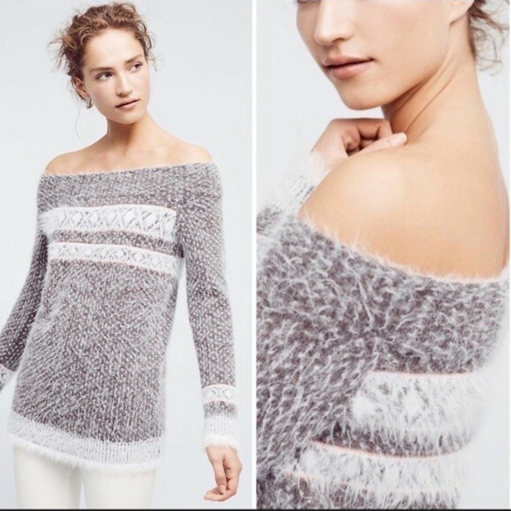Anthropologie Sleeping on Snow Faroe Women's Off-Shoulder Gray and White Sweater
